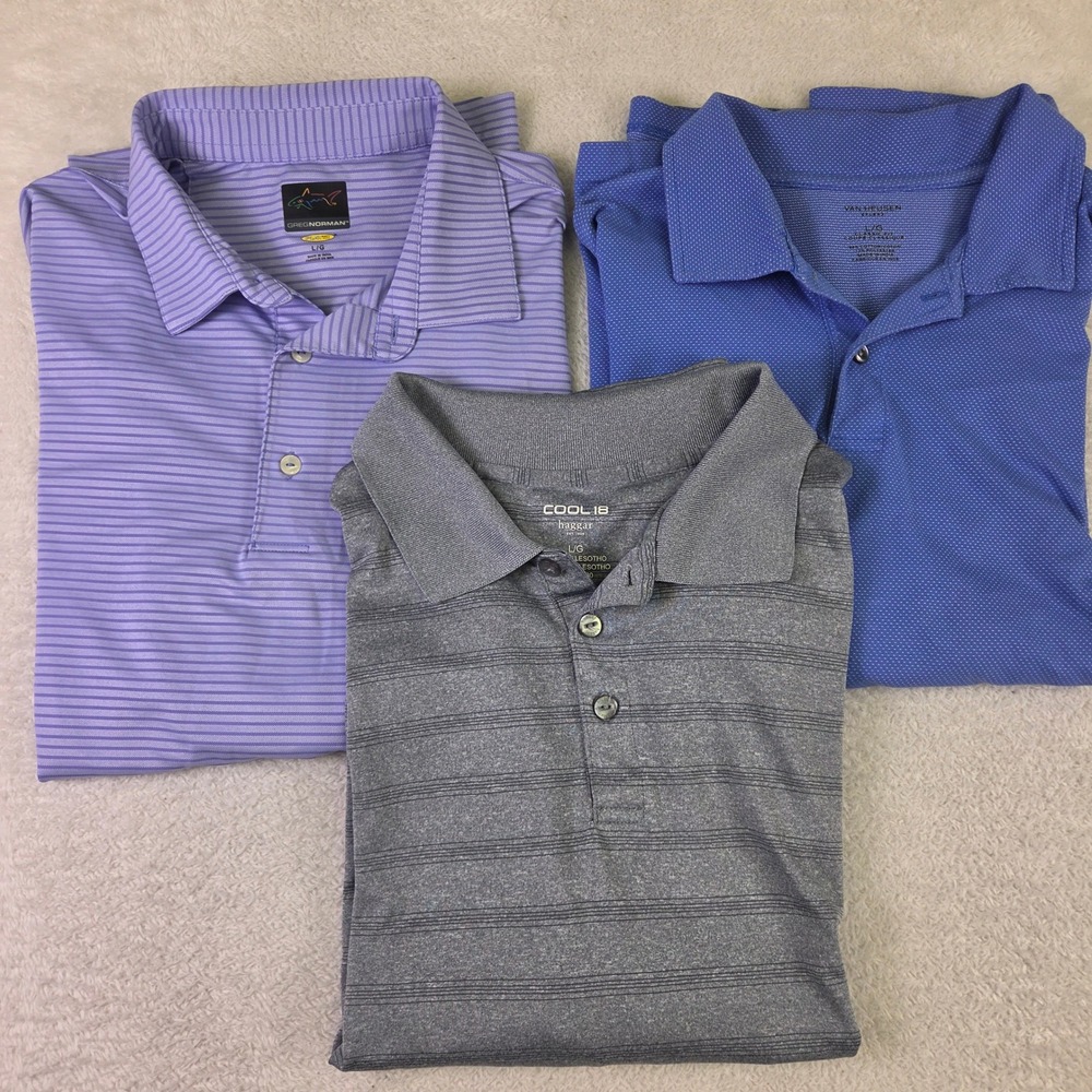 Lot of 3 Mens Polo Shirts Greg Norman Haggar Van Heusen Large Purple Grey Blue